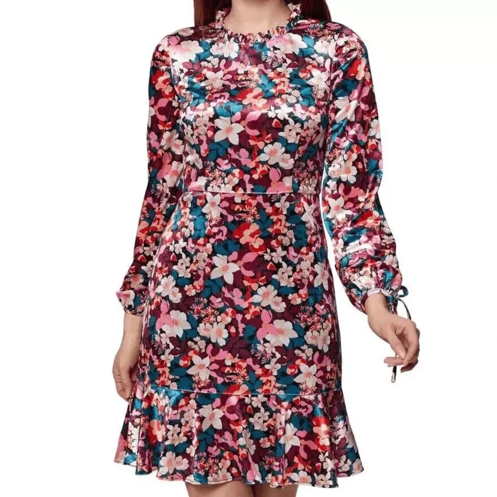Bcbgeneration Velvet Floral Print Ruffle Trim Colorful Mini Dress Size 4 - Picture 2 of 13